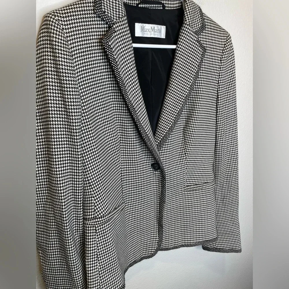 Max Mara Made in Italy Virgin Wool Houndstooth Blazer Size 10 Polka Dot Detail